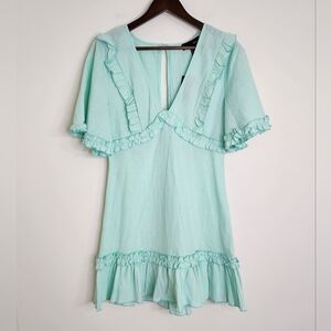 SBetro Mint Green Cotton Ruffle Deep-V Mini Dress Large Coastal Cowgirl Preppy